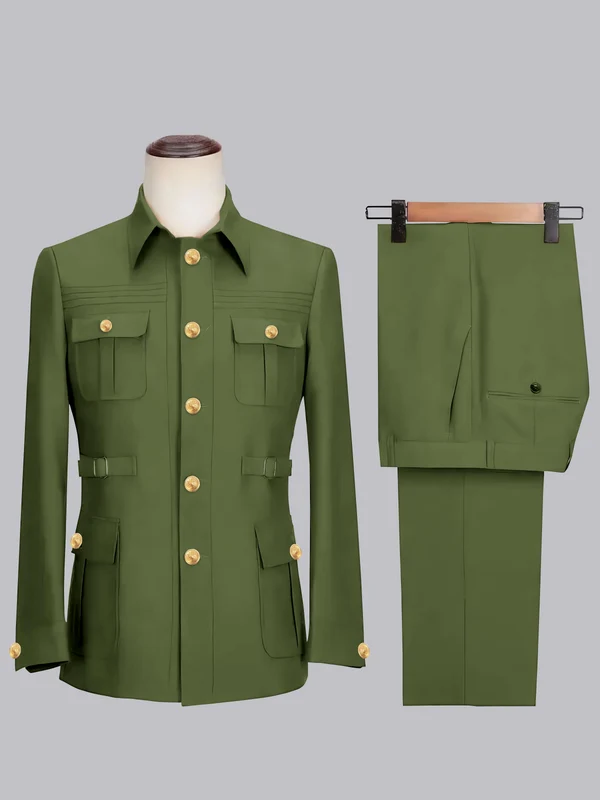 Men's 2 Pieces Safari Suit with Belt Single Breasted Casual Style Olive Green
