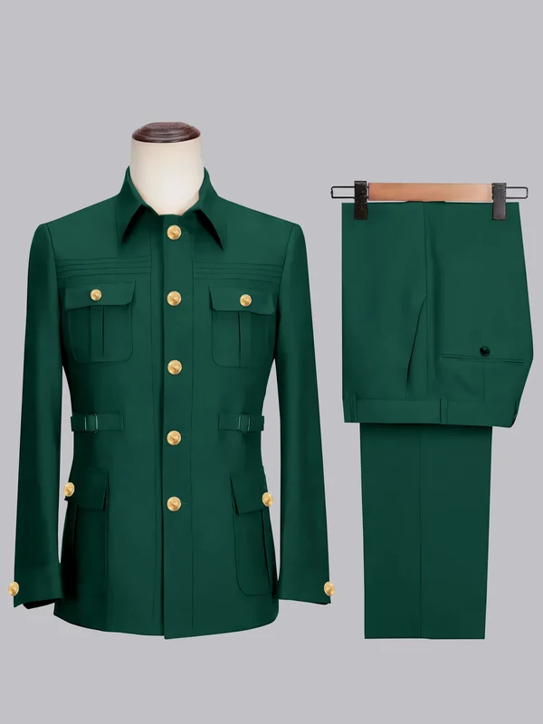 Men's 2 Pieces Safari Suit with Belt Single Breasted Casual Style Teal