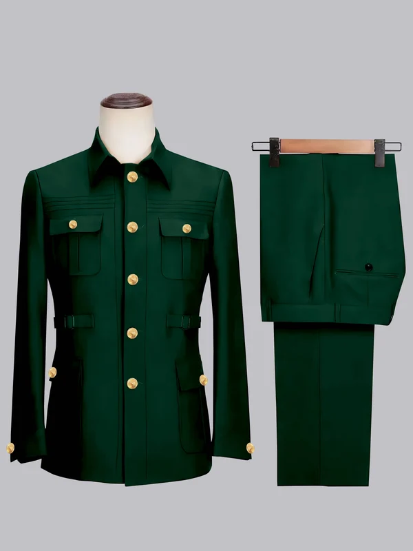 Men's 2 Pieces Safari Suit with Belt Single Breasted Casual Style Emerald Green