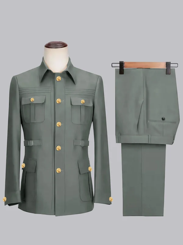 Men's 2 Pieces Safari Suit with Belt Single Breasted Casual Style Eucalyptus