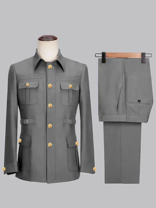 Men's 2 Pieces Safari Suit with Belt Single Breasted Casual Style Gray