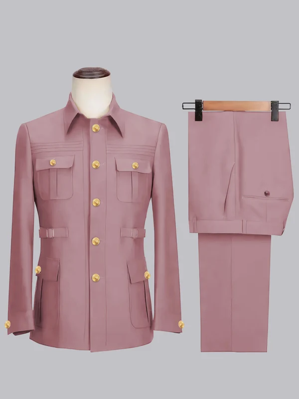 Men's 2 Pieces Safari Suit with Belt Single Breasted Casual Style Dusty Rose