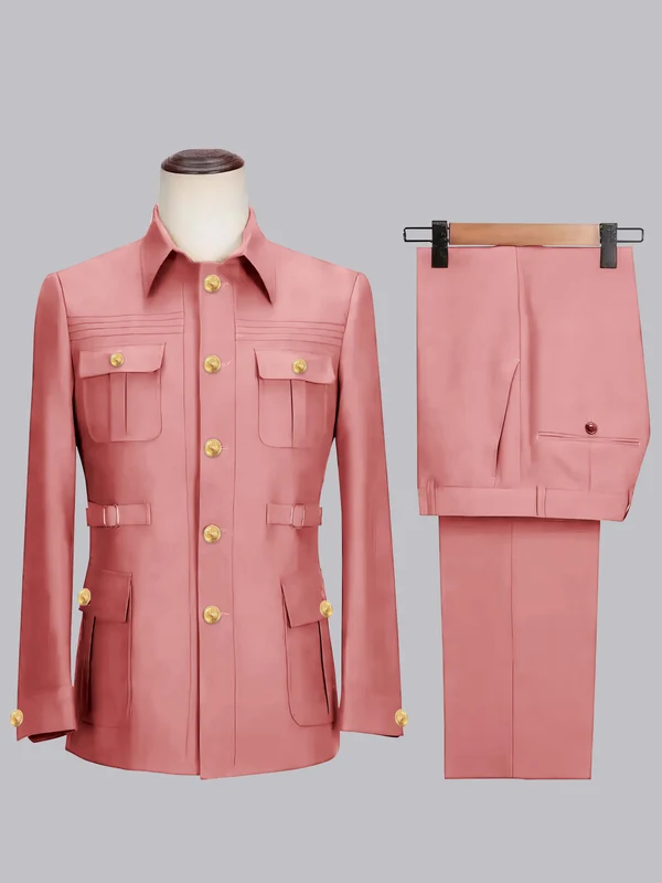 Men's 2 Pieces Safari Suit with Belt Single Breasted Casual Style Coral