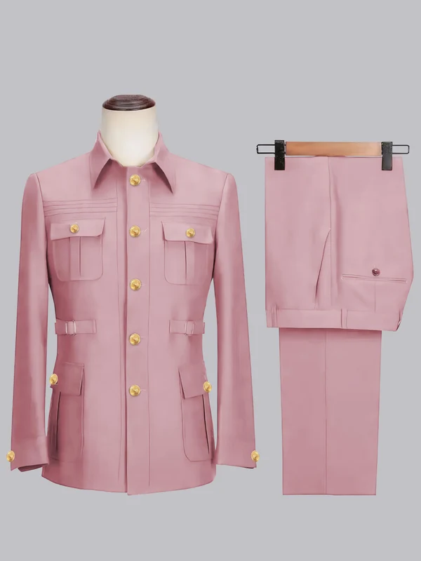 Men's 2 Pieces Safari Suit with Belt Single Breasted Casual Style Pink