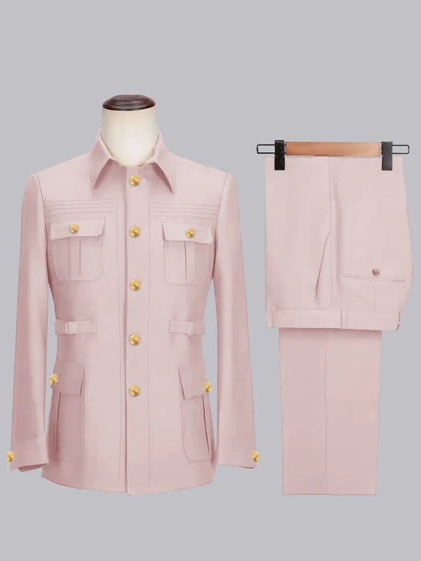 Men's 2 Pieces Safari Suit with Belt Single Breasted Casual Style Blushing Pink