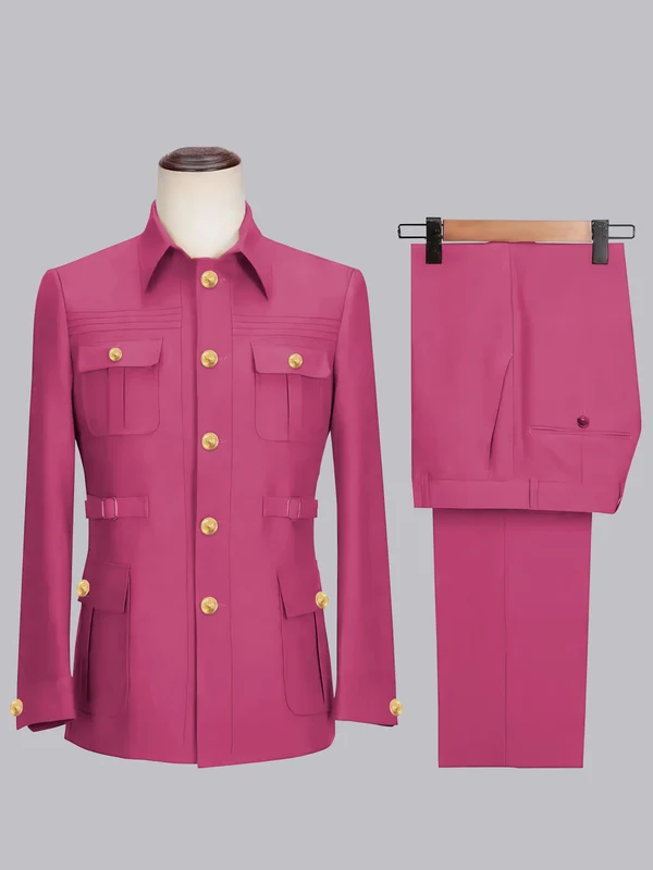 Men's 2 Pieces Safari Suit with Belt Single Breasted Casual Style Hot Pink