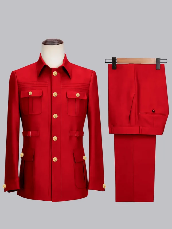 Men's 2 Pieces Safari Suit with Belt Single Breasted Casual Style Red