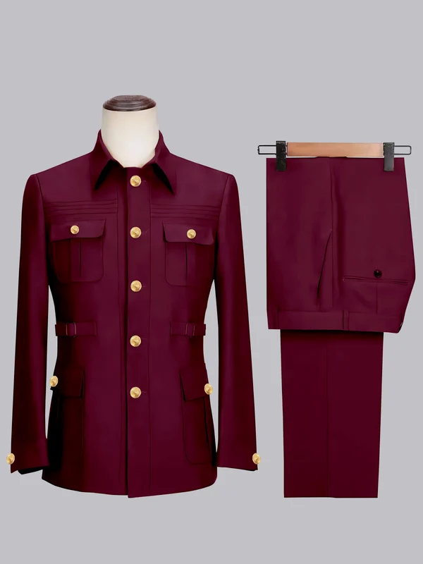 Men's 2 Pieces Safari Suit with Belt Single Breasted Casual Style Burgundy