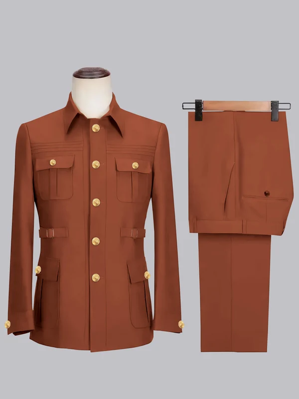 Men's 2 Pieces Safari Suit with Belt Single Breasted Casual Style Rust