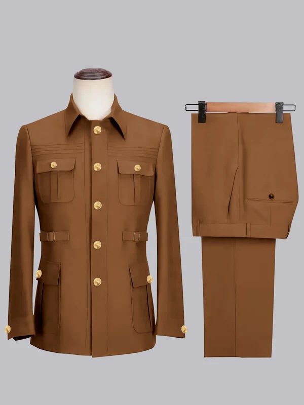 Men's 2 Pieces Safari Suit with Belt Single Breasted Casual Style Burnt Orange