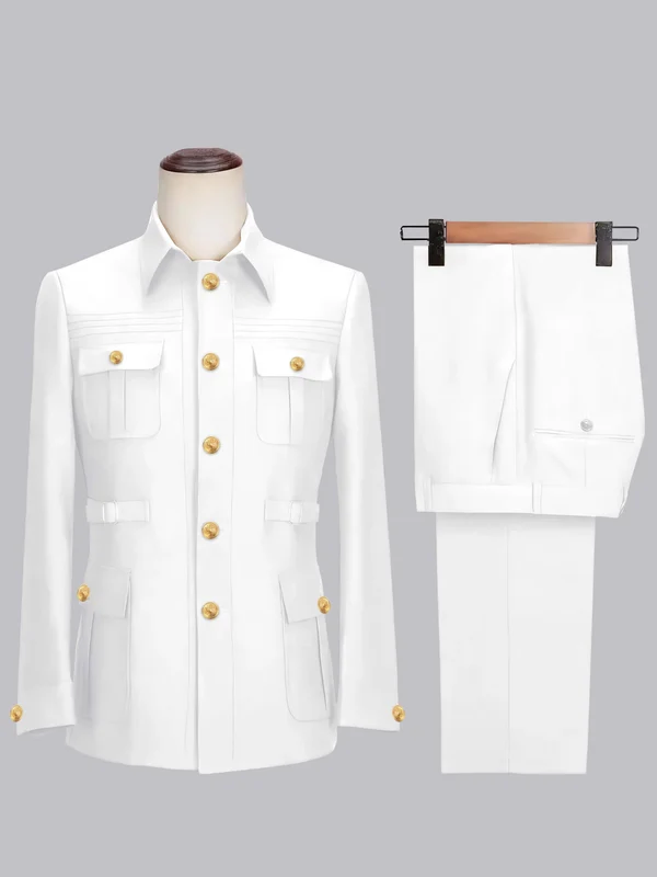 Men's 2 Pieces Safari Suit with Belt Single Breasted Casual Style White