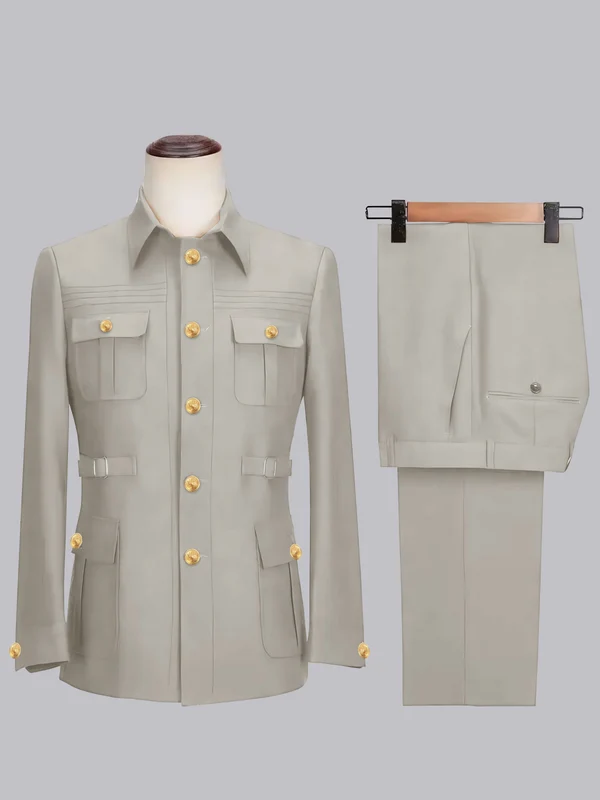 Men's 2 Pieces Safari Suit with Belt Single Breasted Casual Style Cream