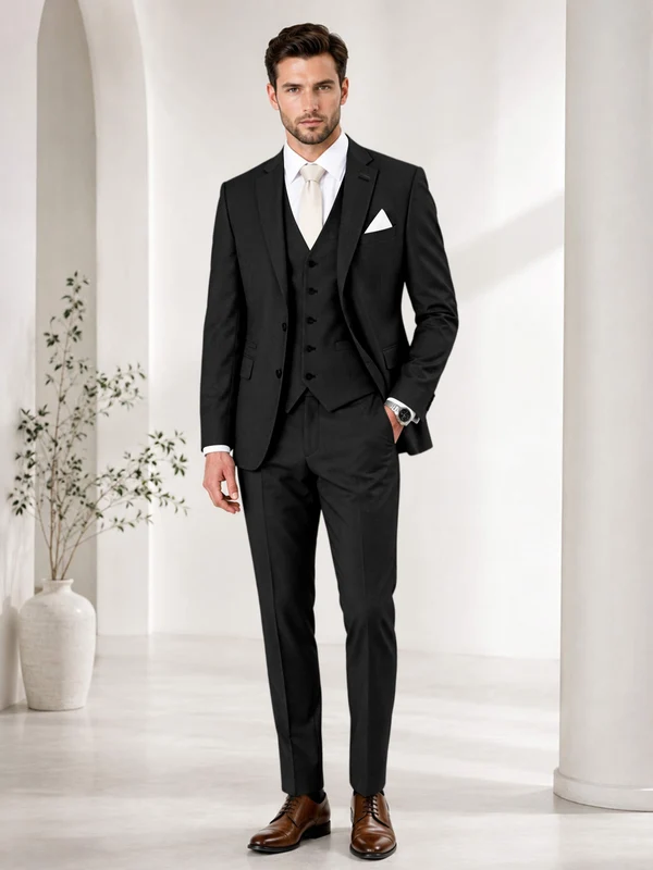 Timeless Solid Color Men's Notch Lapel 3 Pieces Suit for Wedding & Business Black