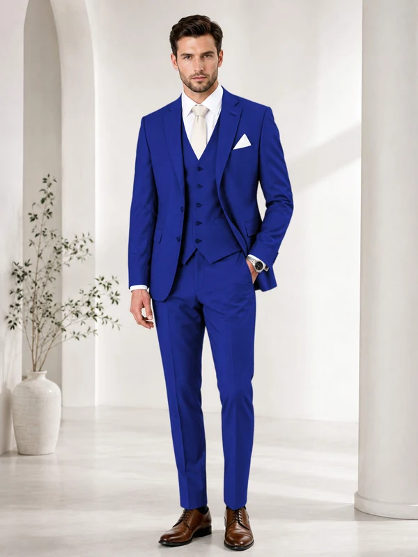 Timeless Solid Color Men's Notch Lapel 3 Pieces Suit for Wedding & Business Royal Blue