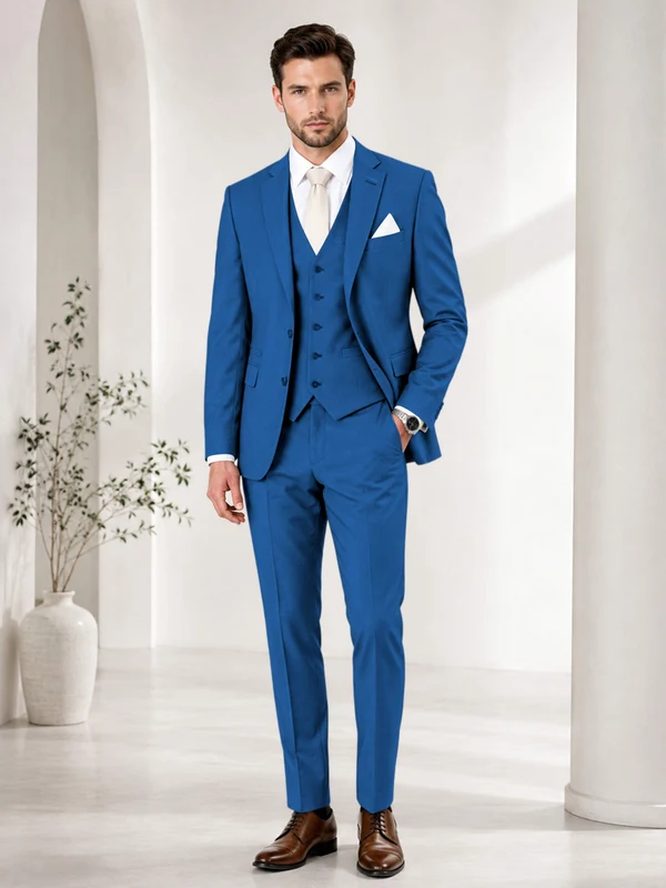 Timeless Solid Color Men's Notch Lapel 3 Pieces Suit for Wedding & Business Blue