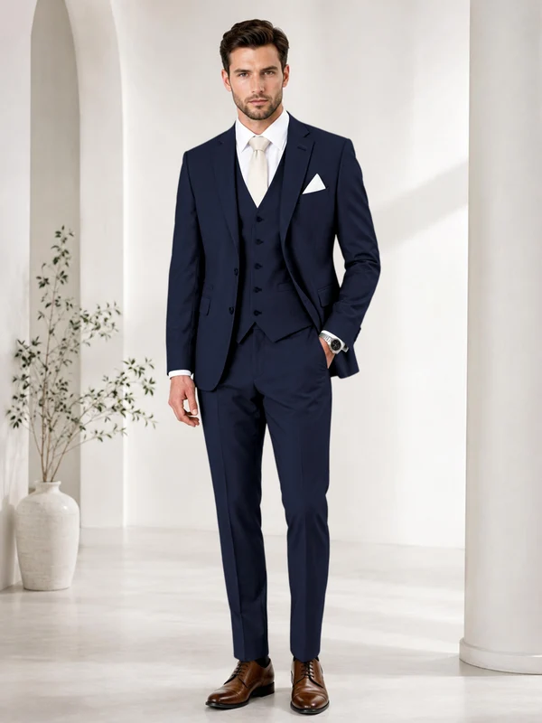 Timeless Solid Color Men's Notch Lapel 3 Pieces Suit for Wedding & Business Navy Blue