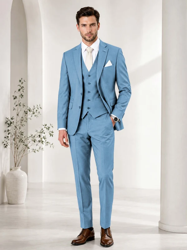 Timeless Solid Color Men's Notch Lapel 3 Pieces Suit for Wedding & Business Light Blue