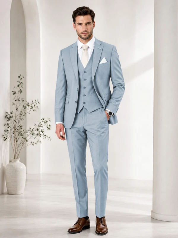 Timeless Solid Color Men's Notch Lapel 3 Pieces Suit for Wedding & Business Powder Blue
