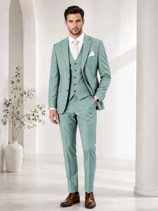 Timeless Solid Color Men's Notch Lapel 3 Pieces Suit for Wedding & Business Turquoise
