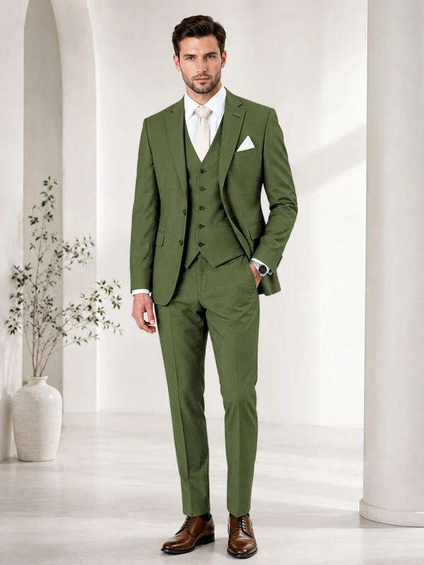 Timeless Solid Color Men's Notch Lapel 3 Pieces Suit for Wedding & Business Olive Green