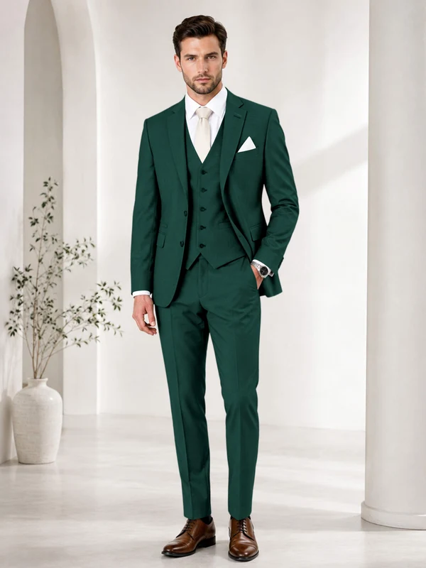 Timeless Solid Color Men's Notch Lapel 3 Pieces Suit for Wedding & Business Teal