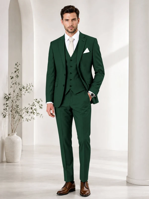 Timeless Solid Color Men's Notch Lapel 3 Pieces Suit for Wedding & Business Emerald Green