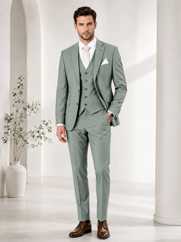 Timeless Solid Color Men's Notch Lapel 3 Pieces Suit for Wedding & Business Eucalyptus