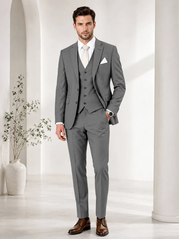 Timeless Solid Color Men's Notch Lapel 3 Pieces Suit for Wedding & Business Gray
