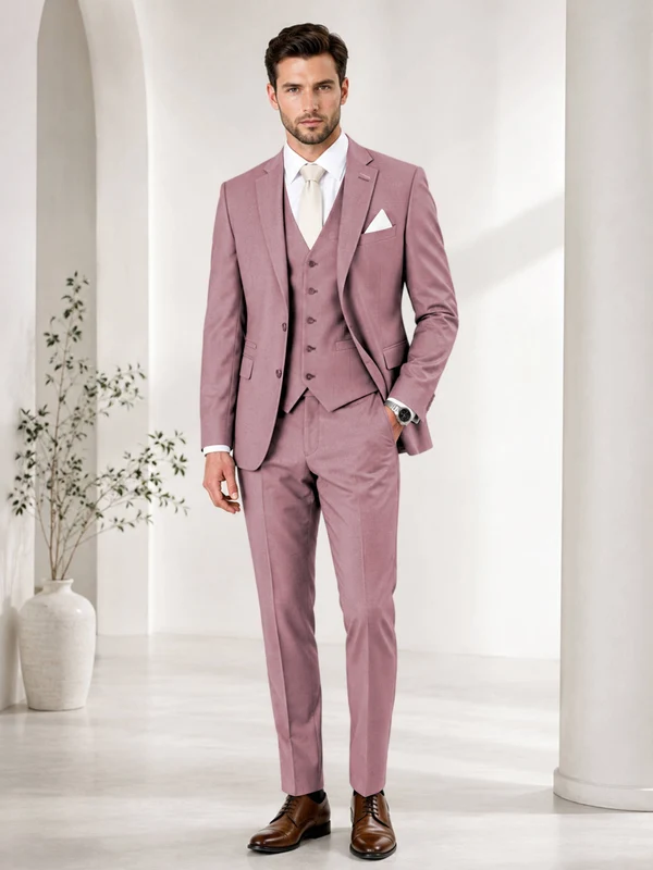 Timeless Solid Color Men's Notch Lapel 3 Pieces Suit for Wedding & Business Dusty Rose