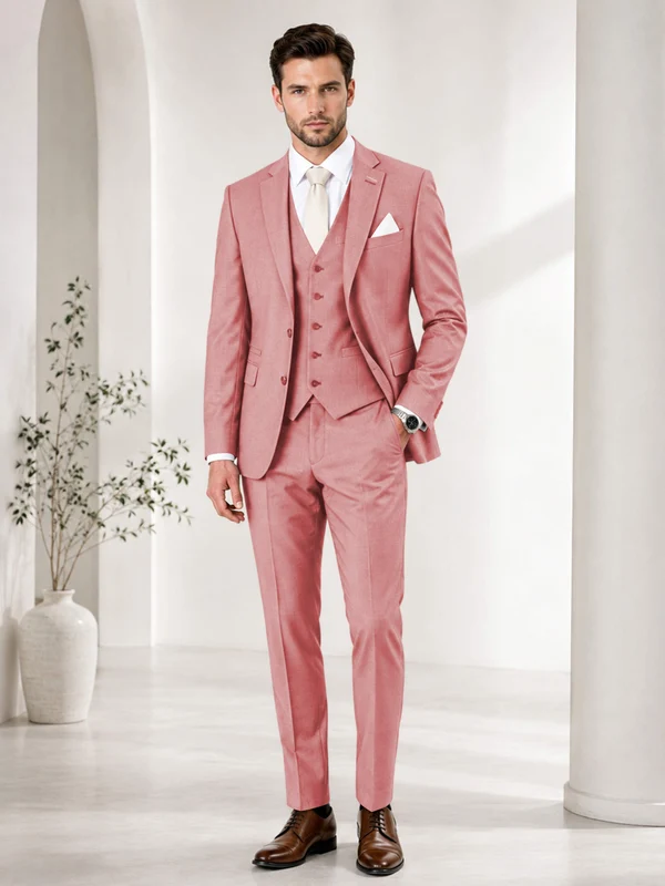 Timeless Solid Color Men's Notch Lapel 3 Pieces Suit for Wedding & Business Coral