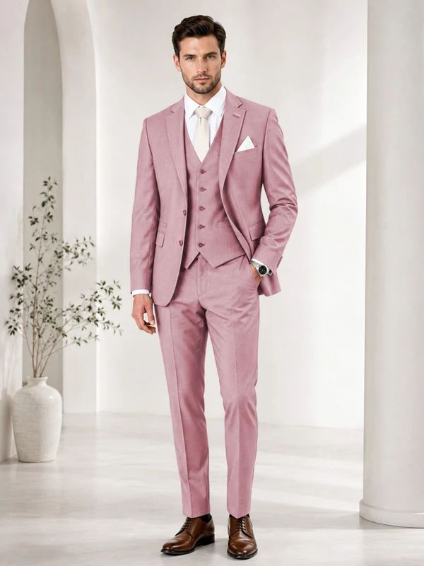Timeless Solid Color Men's Notch Lapel 3 Pieces Suit for Wedding & Business Pink