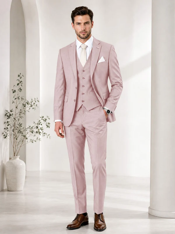 Timeless Solid Color Men's Notch Lapel 3 Pieces Suit for Wedding & Business Blushing Pink