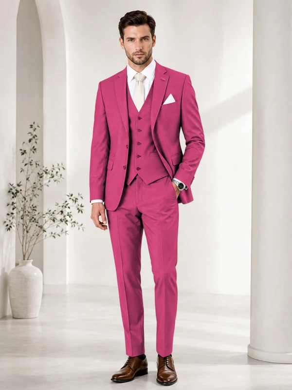 Timeless Solid Color Men's Notch Lapel 3 Pieces Suit for Wedding & Business Hot Pink