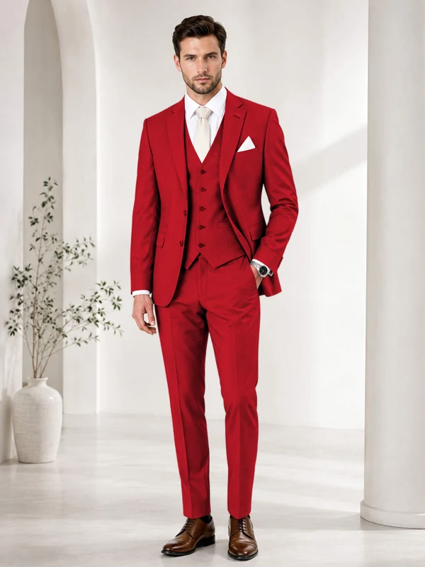 Timeless Solid Color Men's Notch Lapel 3 Pieces Suit for Wedding & Business Red