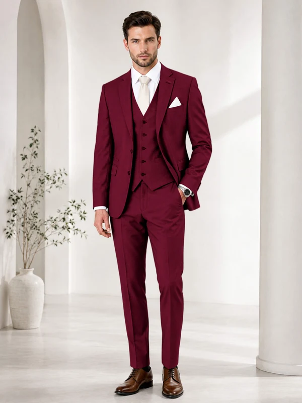 Timeless Solid Color Men's Notch Lapel 3 Pieces Suit for Wedding & Business Burgundy