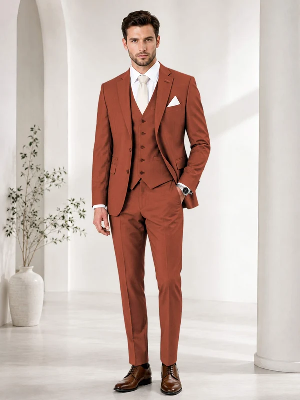 Timeless Solid Color Men's Notch Lapel 3 Pieces Suit for Wedding & Business Rust