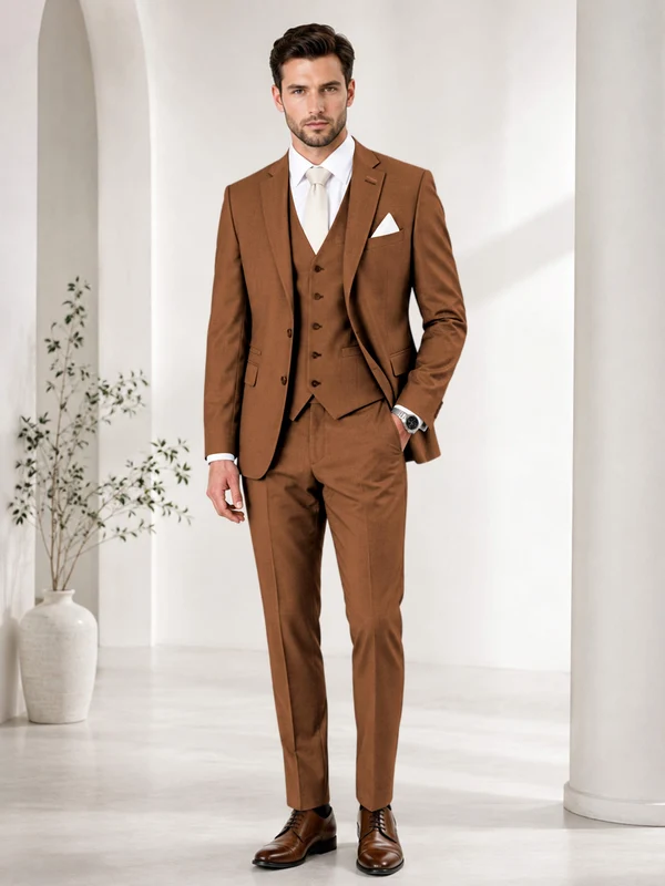 Timeless Solid Color Men's Notch Lapel 3 Pieces Suit for Wedding & Business Burnt Orange