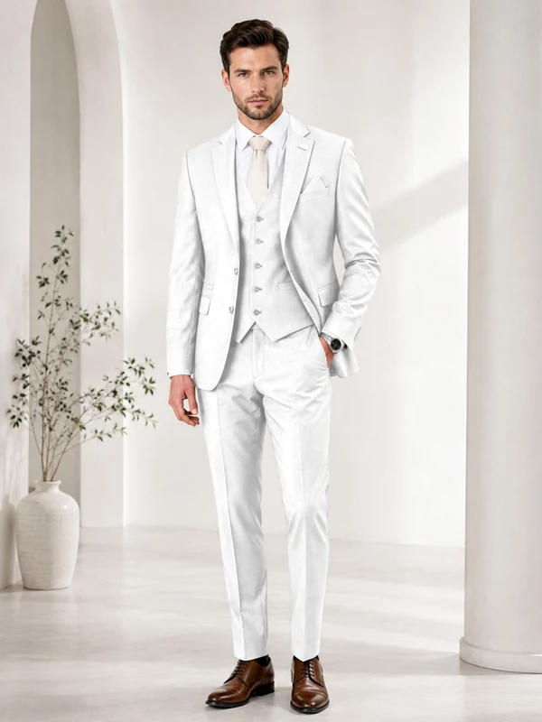 Timeless Solid Color Men's Notch Lapel 3 Pieces Suit for Wedding & Business White