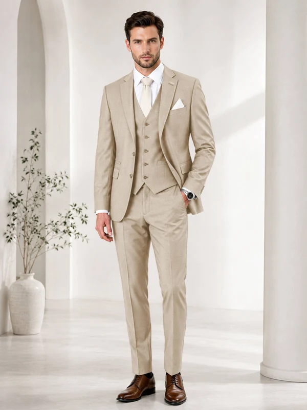 Timeless Solid Color Men's Notch Lapel 3 Pieces Suit for Wedding & Business Cream