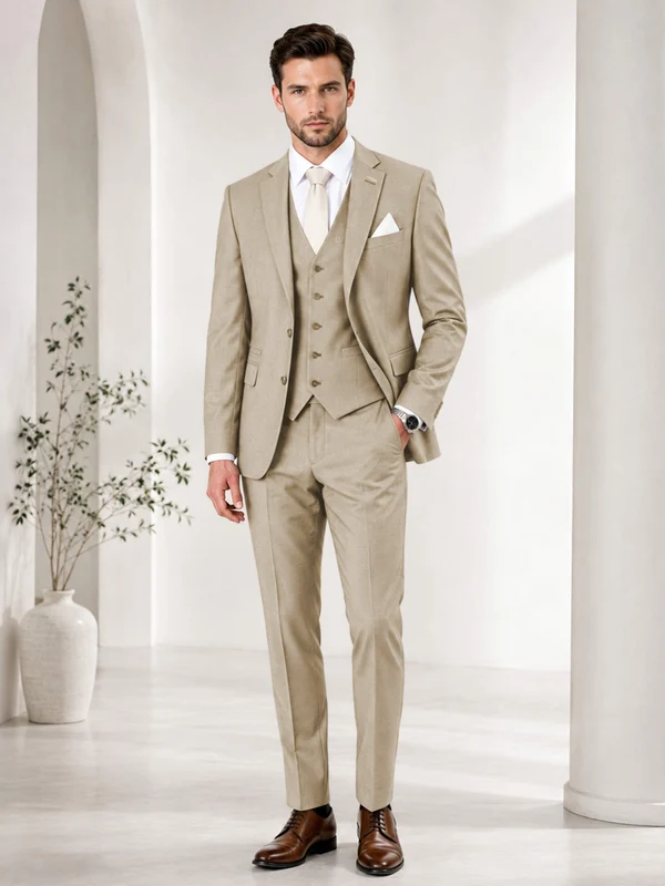 Timeless Solid Color Men's Notch Lapel 3 Pieces Suit for Wedding & Business Champagne