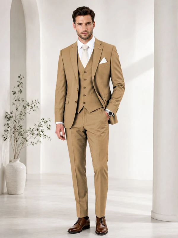 Timeless Solid Color Men's Notch Lapel 3 Pieces Suit for Wedding & Business Gold