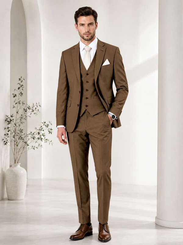 Timeless Solid Color Men's Notch Lapel 3 Pieces Suit for Wedding & Business Brown