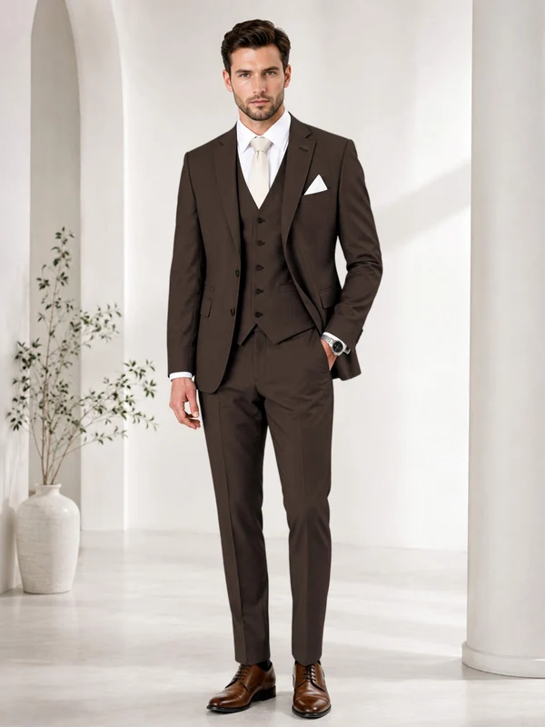 Timeless Solid Color Men's Notch Lapel 3 Pieces Suit for Wedding & Business Chocolate