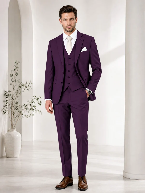 Timeless Solid Color Men's Notch Lapel 3 Pieces Suit for Wedding & Business Plum