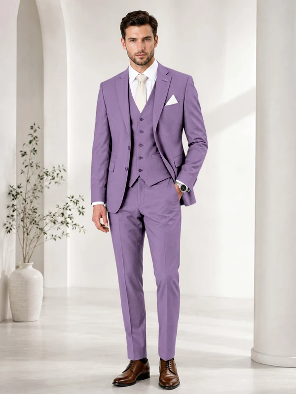 Timeless Solid Color Men's Notch Lapel 3 Pieces Suit for Wedding & Business Lilac