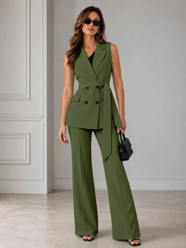 Refined Women’s Double Breasted Sleeveless 2-Piece Suit Set for Formal Events Olive Green