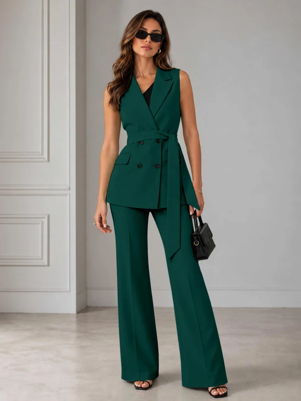 Refined Women’s Double Breasted Sleeveless 2-Piece Suit Set for Formal Events Teal