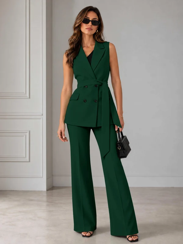 Refined Women’s Double Breasted Sleeveless 2-Piece Suit Set for Formal Events Emerald Green