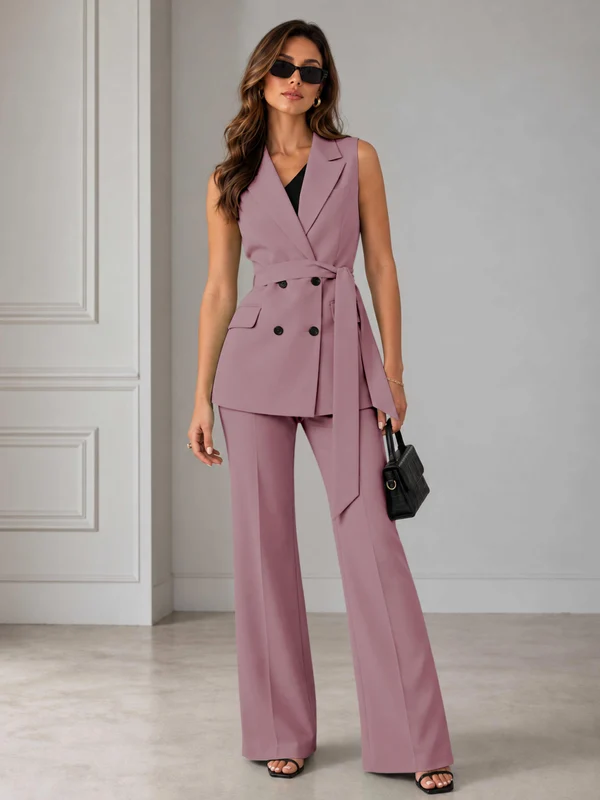 Refined Women’s Double Breasted Sleeveless 2-Piece Suit Set for Formal Events Dusty Rose