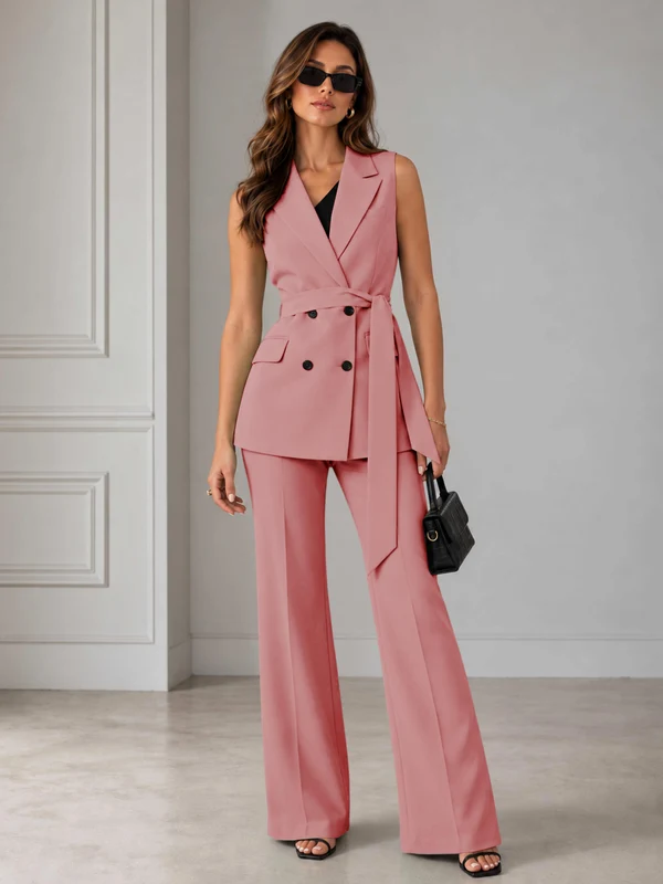 Refined Women’s Double Breasted Sleeveless 2-Piece Suit Set for Formal Events Coral
